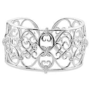 Sterling Silver Diamond Heart Scroll Cuff Bracelet